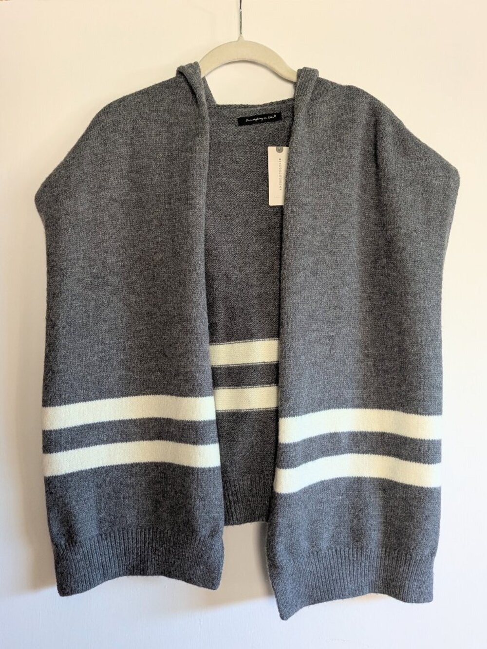 NWT Anthropologie Striped Hooded Poncho Cape Varsity Knit OS Grey